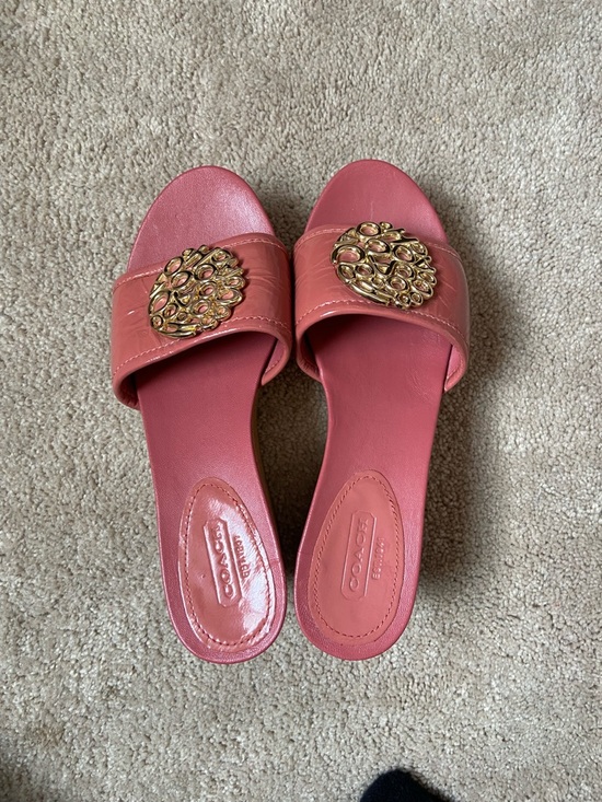Coach Shoes - Coach Coral Pink Slide Sandals with Gold Emblem